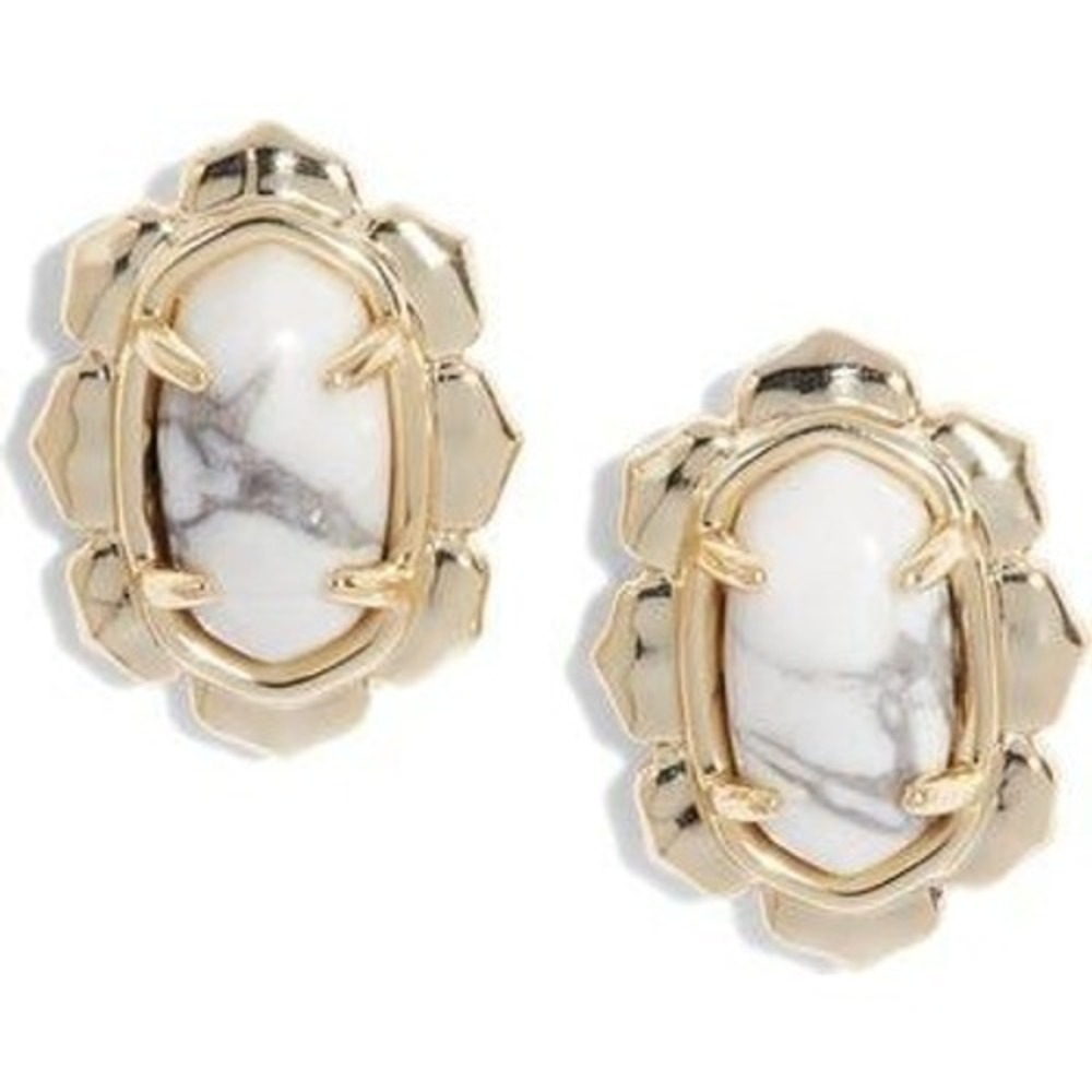 Kendra Scott Piper Stud Earrings White Howlite Gold Tone Scalloped Filigree EUC